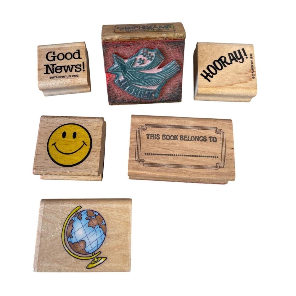 Set Of 6 Vintage Rubber Stamps On Wooden Blocks With Various Designs & Text‎